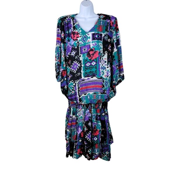 Vintage 90s Party Dress sz 18 18W 1X Floral Shirt Paisley Secretary Purple Teal - Picture 2 of 9